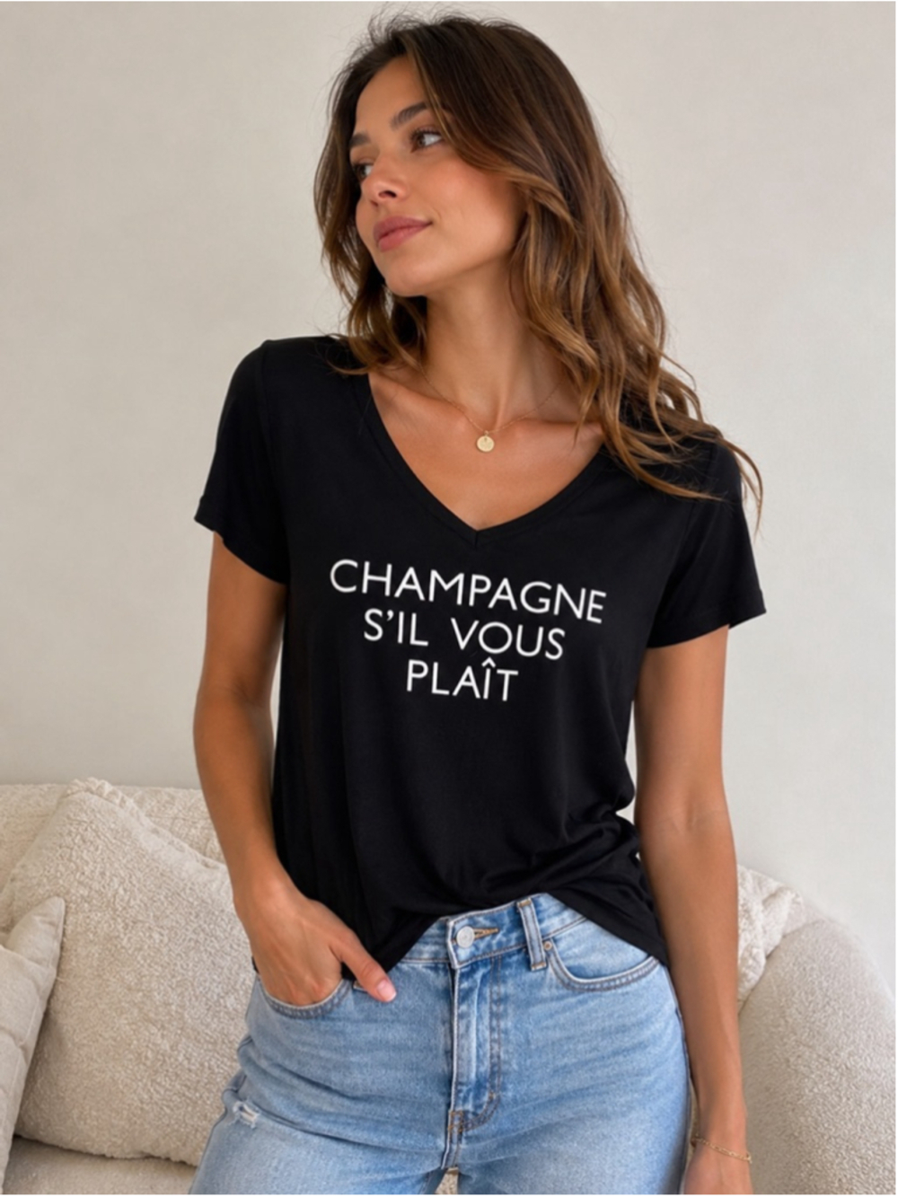 Final Touch Champagne S’il Vous Plaît Graphic Tee Black V Neck Top Small